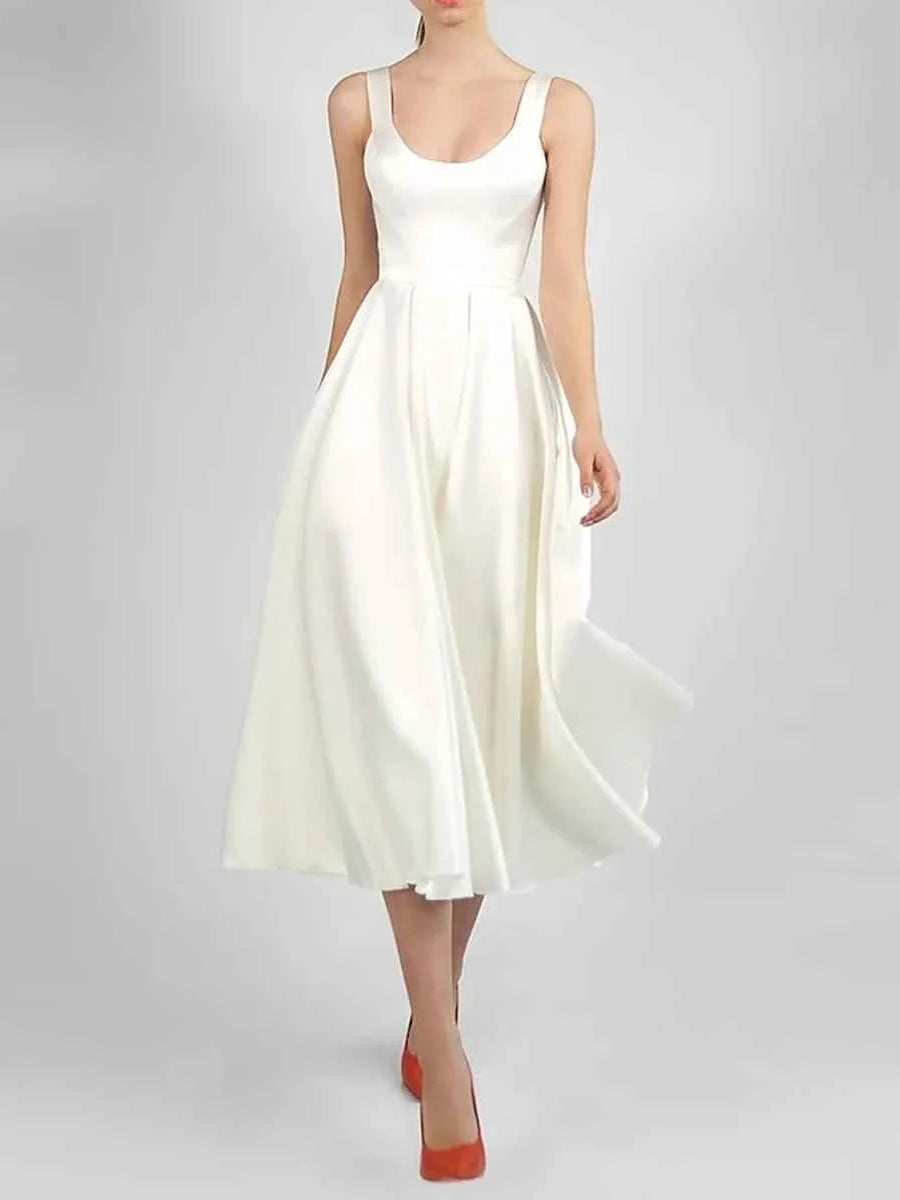 White satin A-line midi bridesmaid dress with sleeveless scoop neck and gathered waist