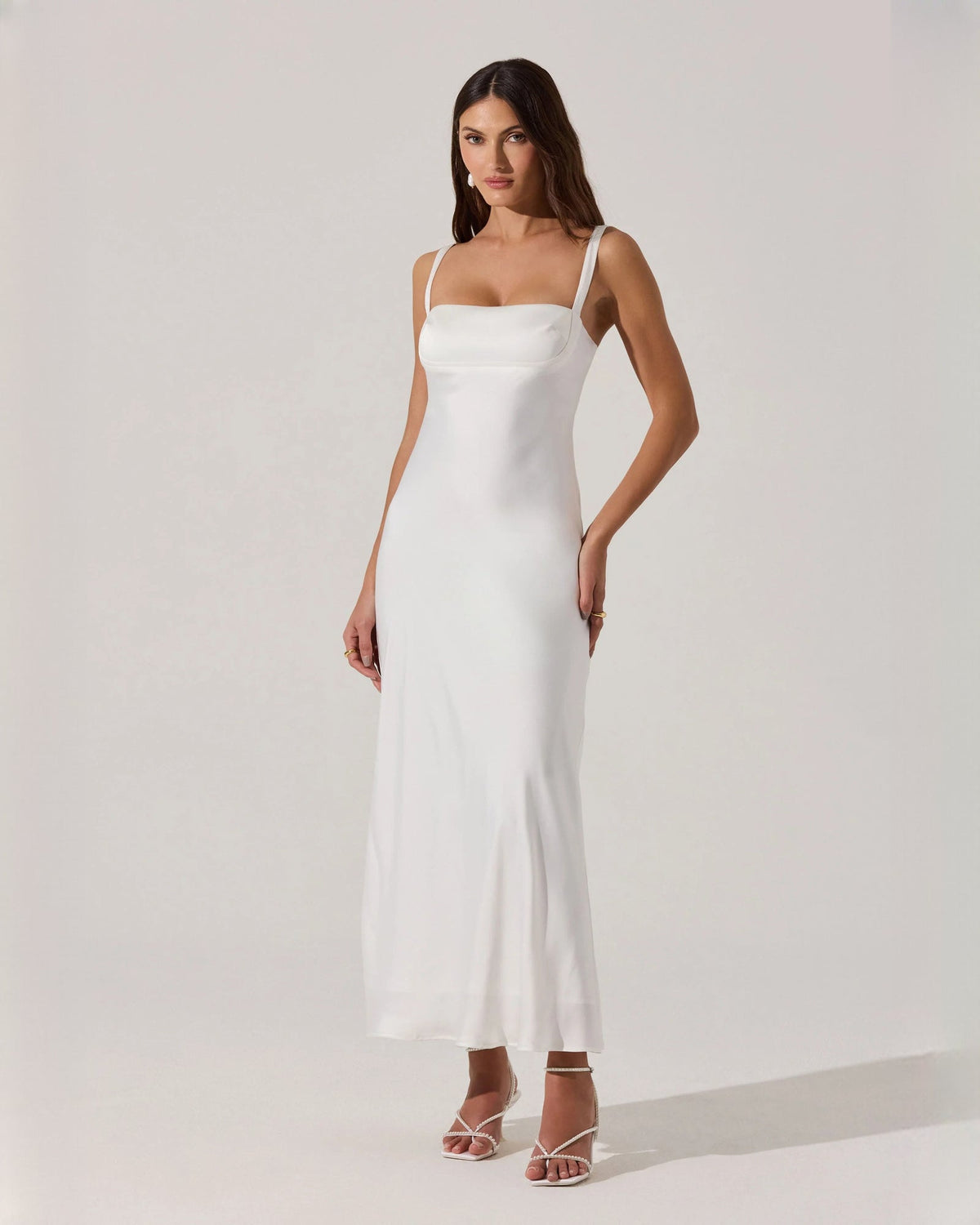 White satin sleeveless A-line maxi bridesmaid dress with thin straps
