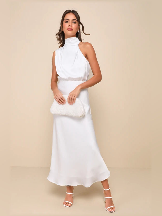 White satin sleeveless high-neck midi dress front view with gathered waist and hem