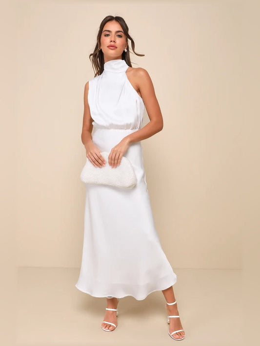 White satin sleeveless high-neck midi dress front view with gathered waist and hem