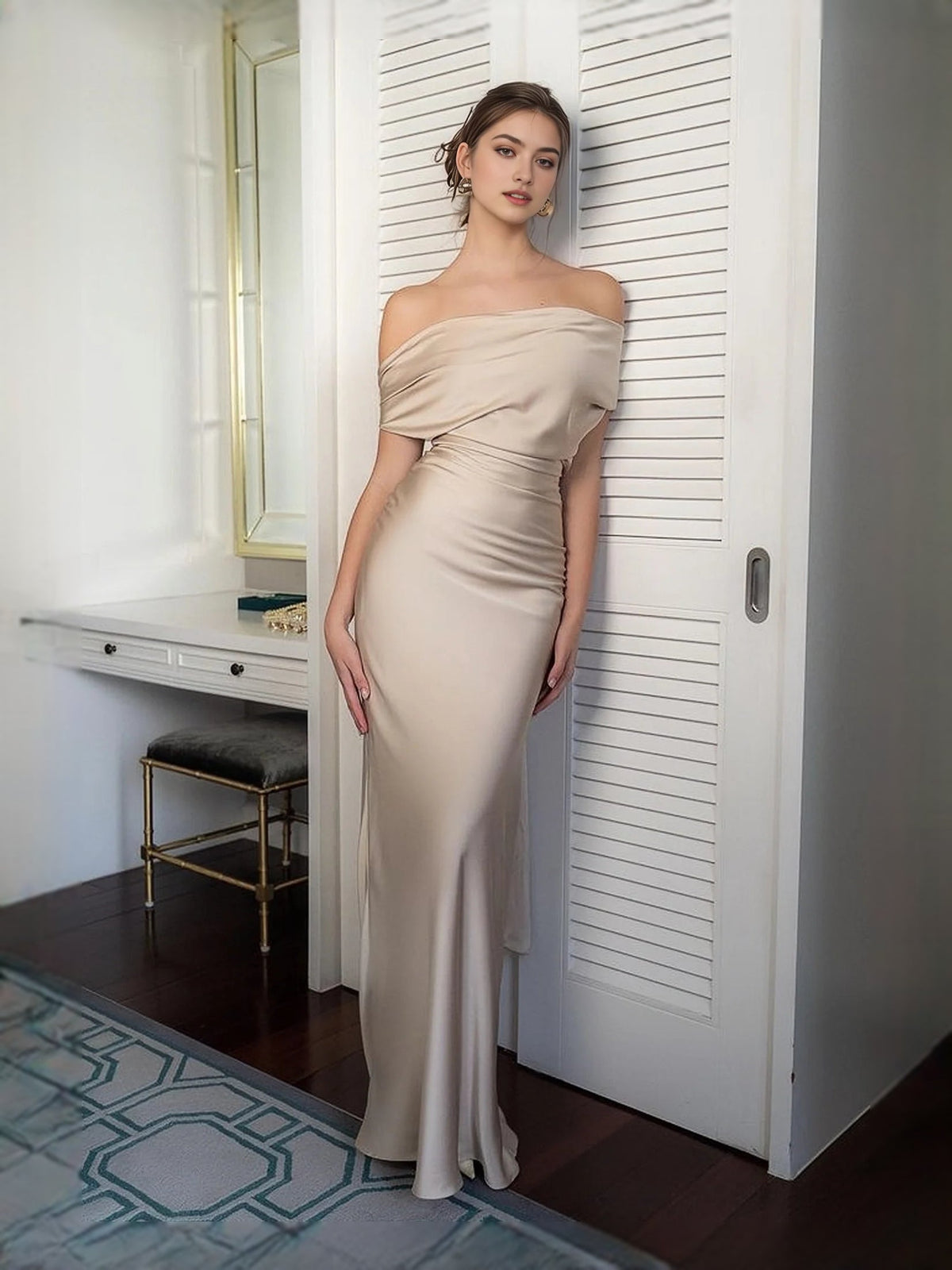 Beige satin prom dress, draped off-shoulder bodice, fitted mermaid maxi silhouette