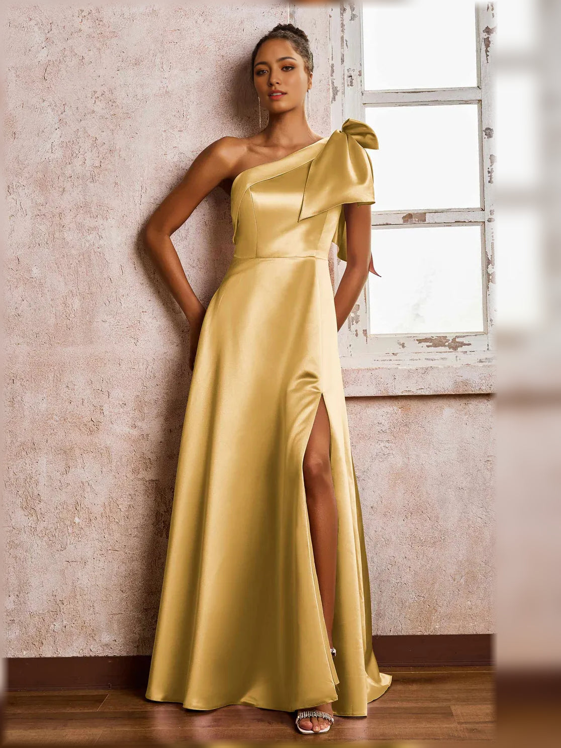 Gold one-shoulder satin A-line floor-length formal dress with side slit and drape