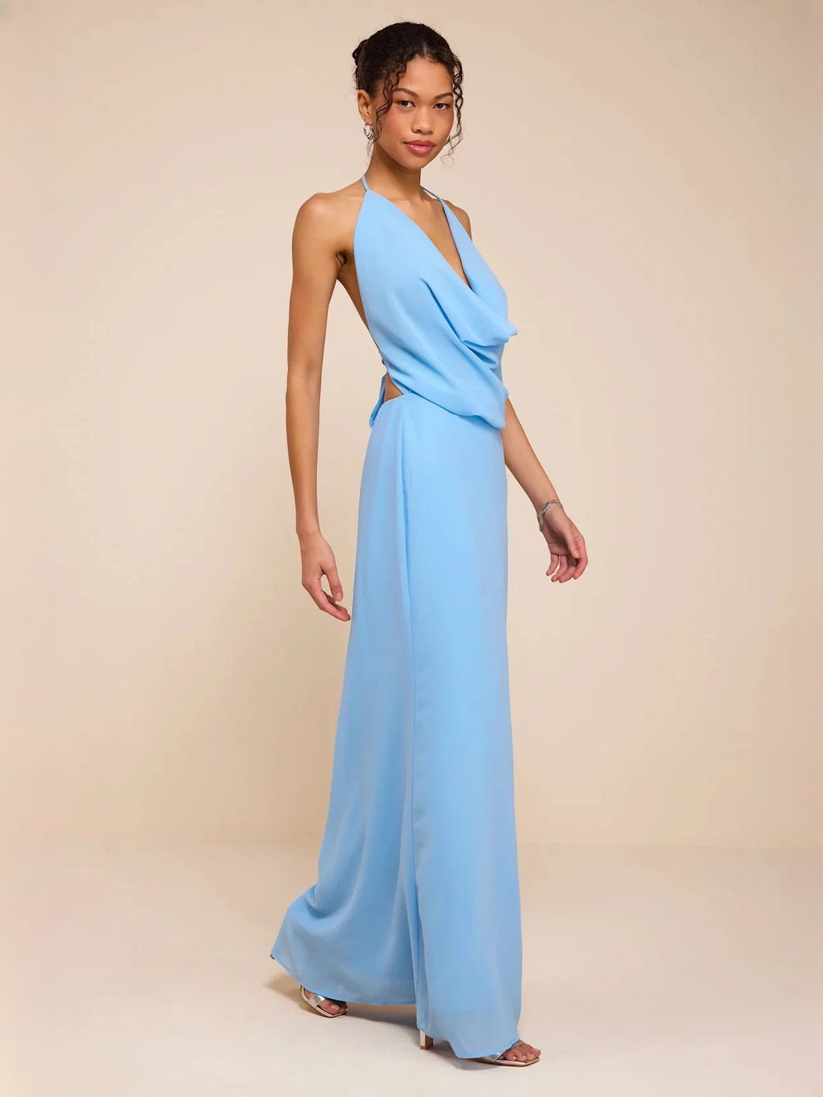 Blue column maxi chiffon dress with draped cowl neckline and halter straps