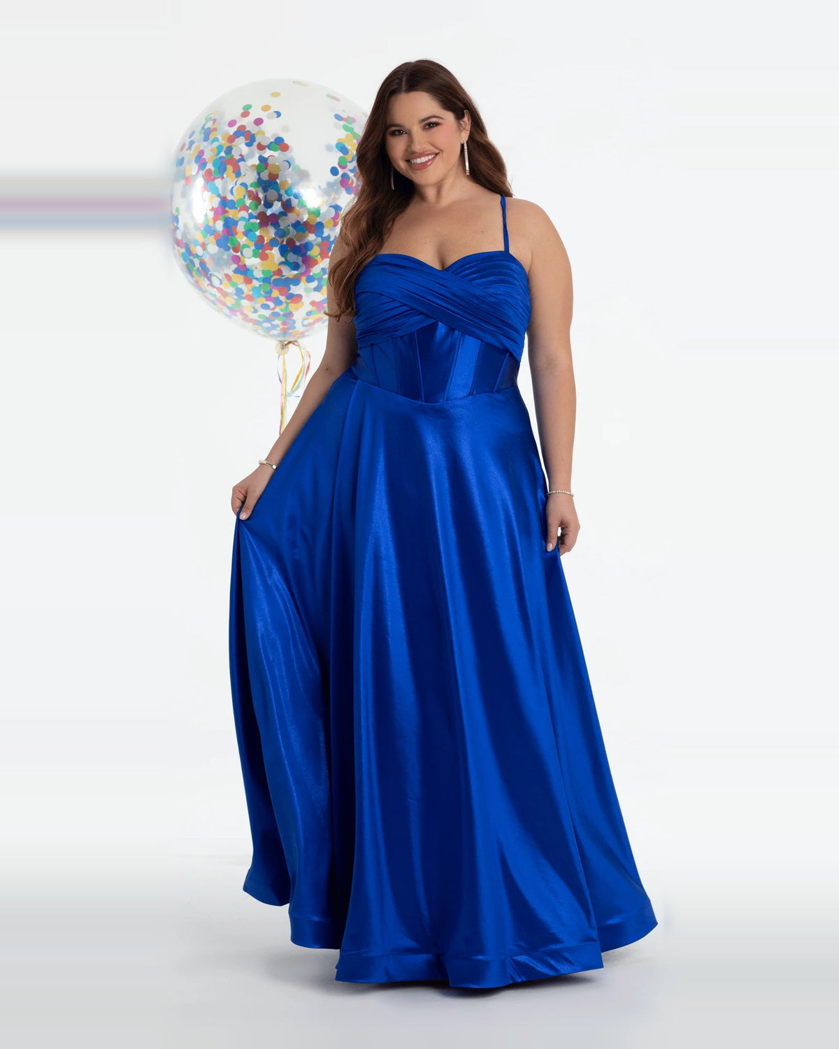 Blue corset ball-gown prom dress with sweetheart bodice and full skirt