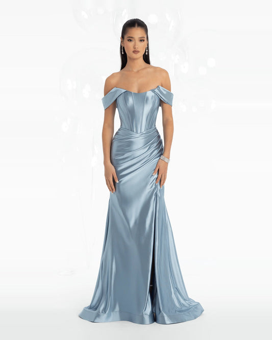 Light blue off-shoulder trumpet maxi dress with ruched corset front and side slit