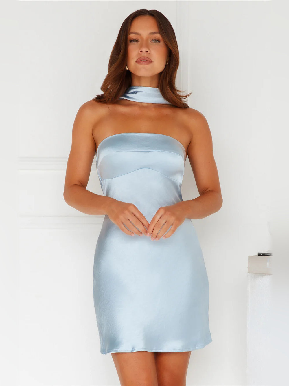 Light blue satin mini dress with strapless neckline and white choker collar