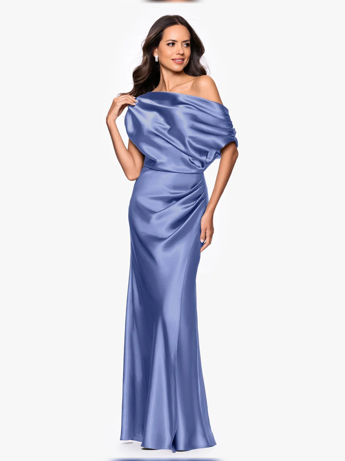 Blue satin one-shoulder draped mermaid floor-length dress, front view
