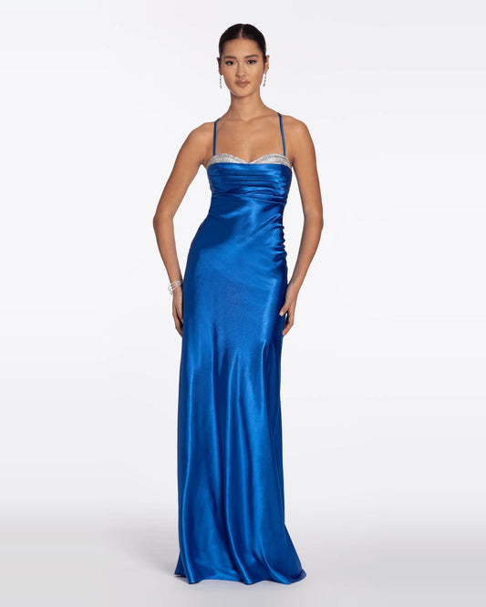 Blue satin column maxi prom dress with rhinestone sweetheart bodice
