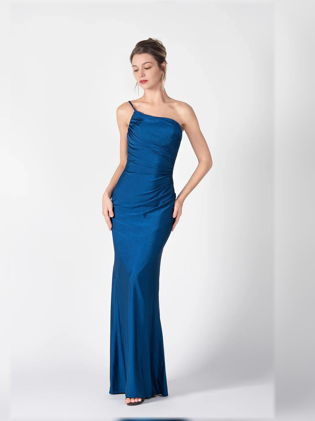 One-shoulder ruched mermaid formal dress, dark blue, floor-length