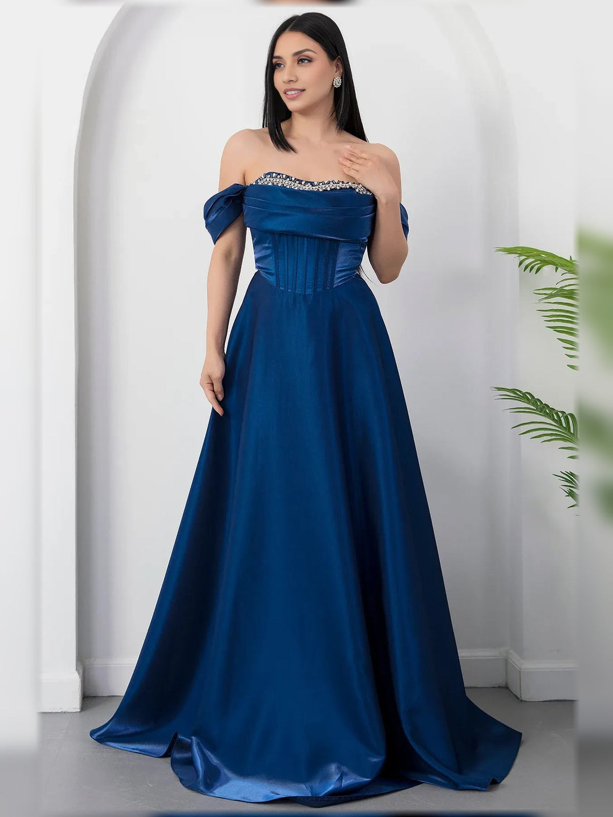 Dark blue off-the-shoulder corset formal dress with beaded trim, floor-length skirt