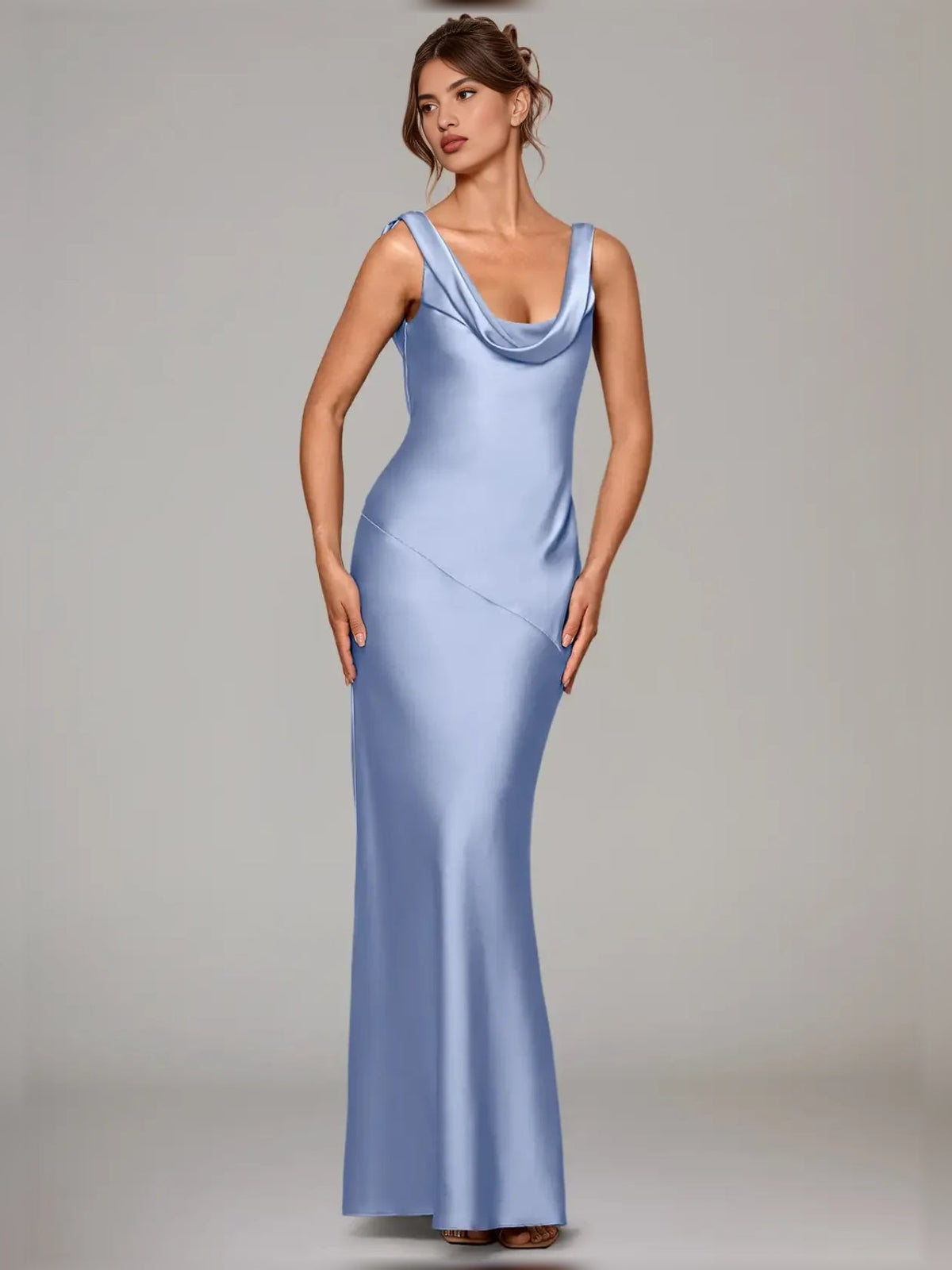 Ice blue satin bridesmaid dress, cowl neck A-line maxi with draped neckline