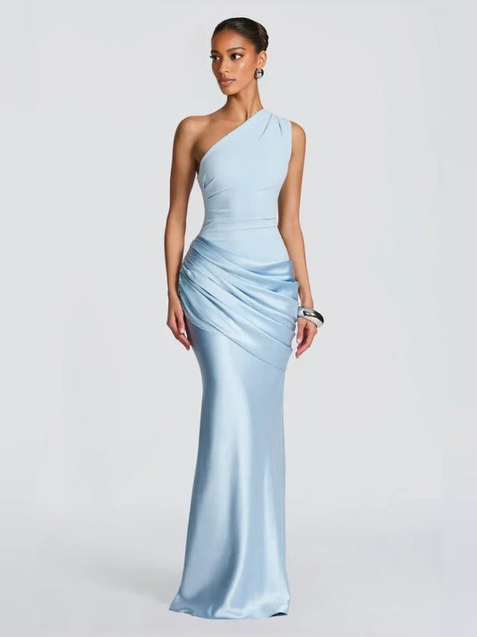 Light blue one-shoulder satin ruched mermaid maxi formal dress, front view