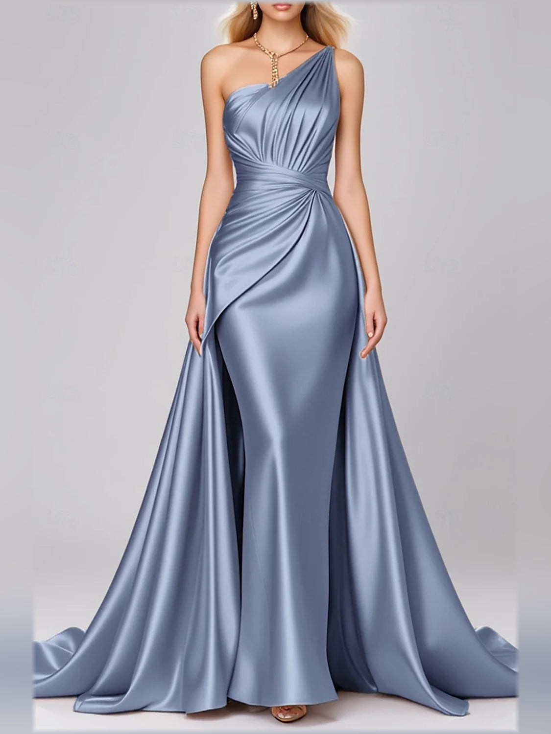 One-shoulder satin mermaid formal dress with draped overlay and long train in dusty blue