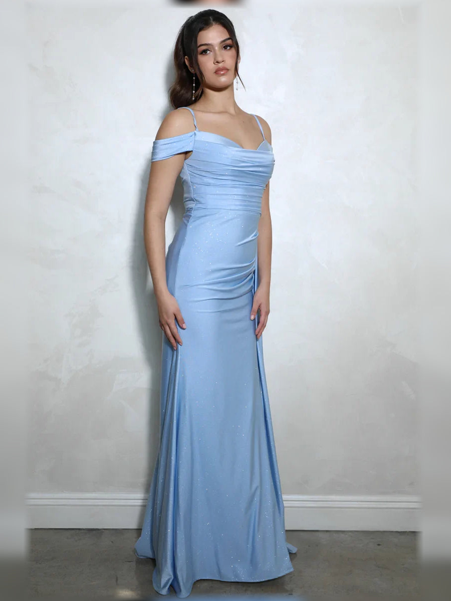 Light blue off-the-shoulder ruching floor-length dress with side slit
