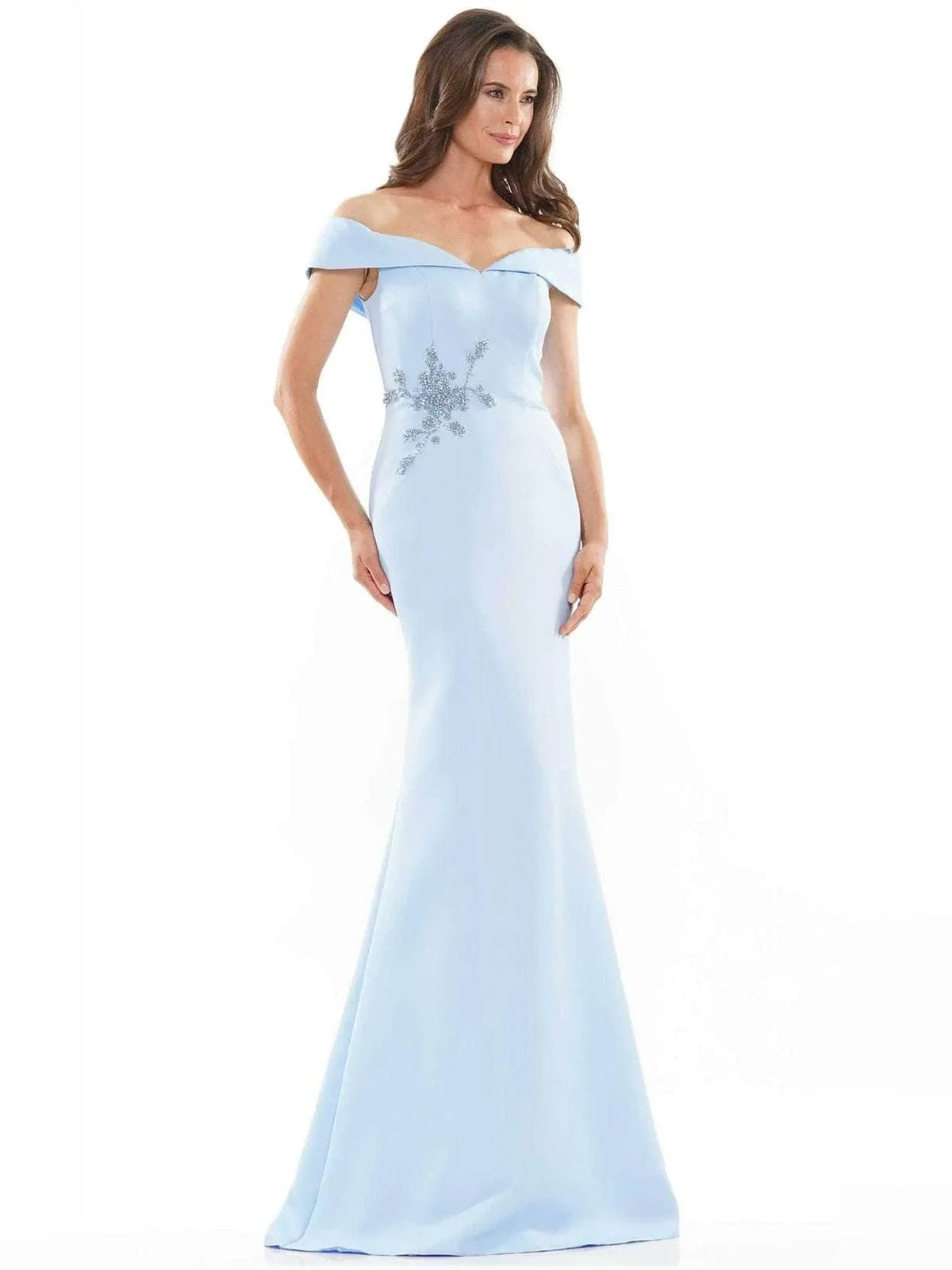Light blue off-shoulder mermaid gown with beaded bodice, floor-length formal dress