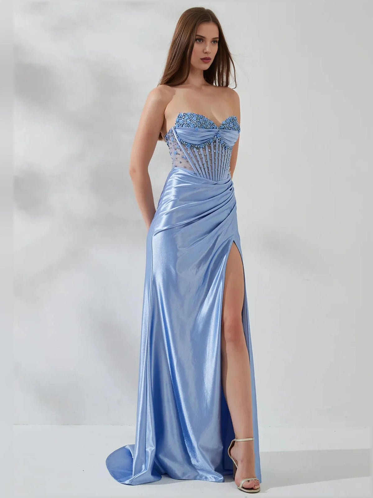Light blue strapless sweetheart beaded satin mermaid dress with thigh-high side slit