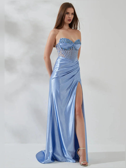 Light blue strapless sweetheart beaded satin mermaid dress with thigh-high side slit