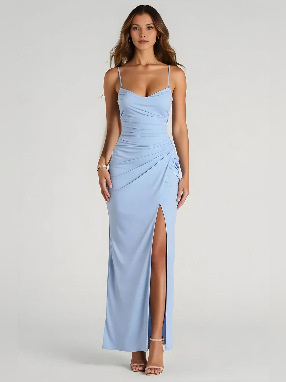 Light blue satin maxi sheath dress with sweetheart bodice, draped ruche and side slit