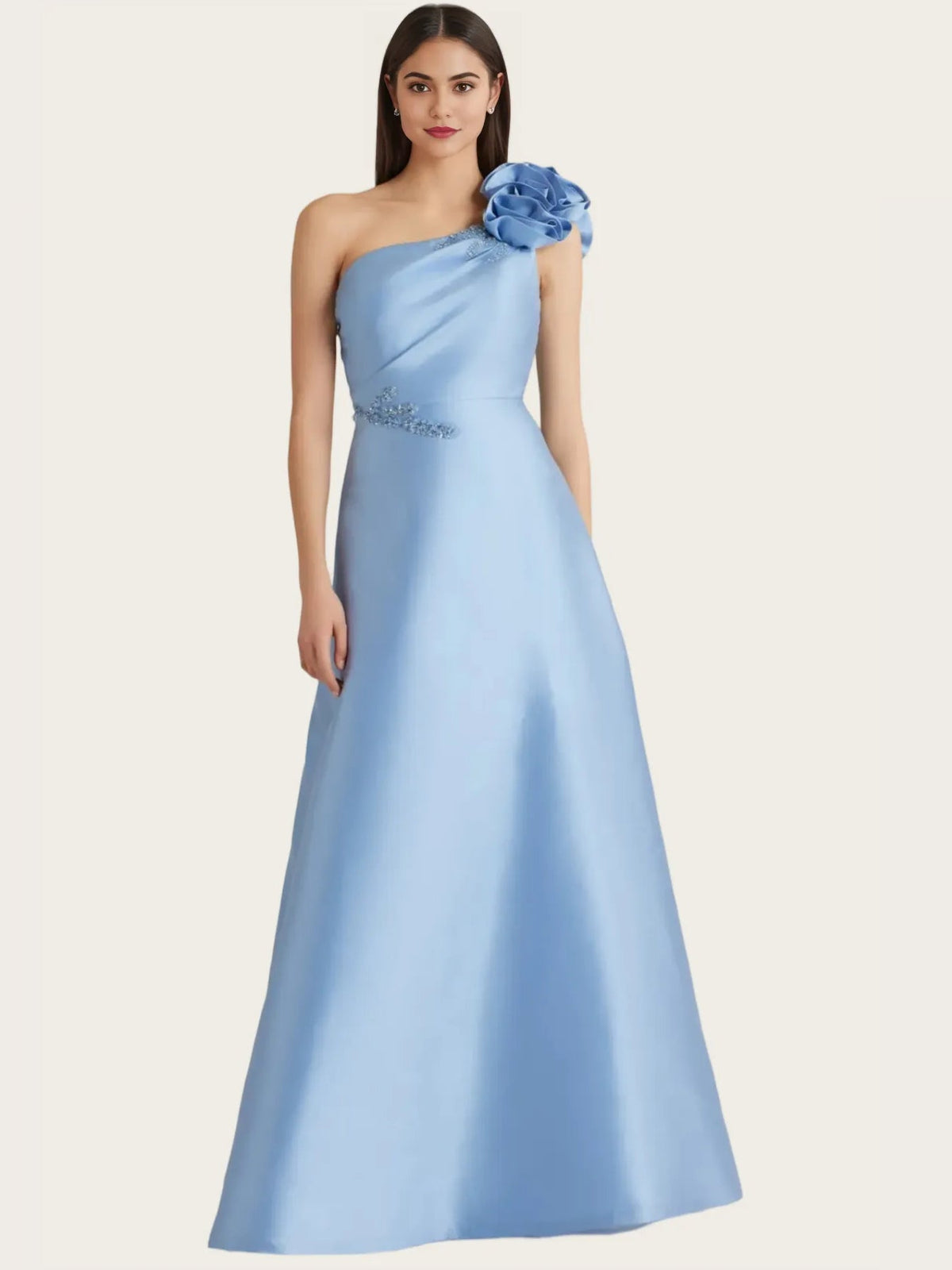 Light blue floor-length one-shoulder formal dress with beaded trim and flower shoulder