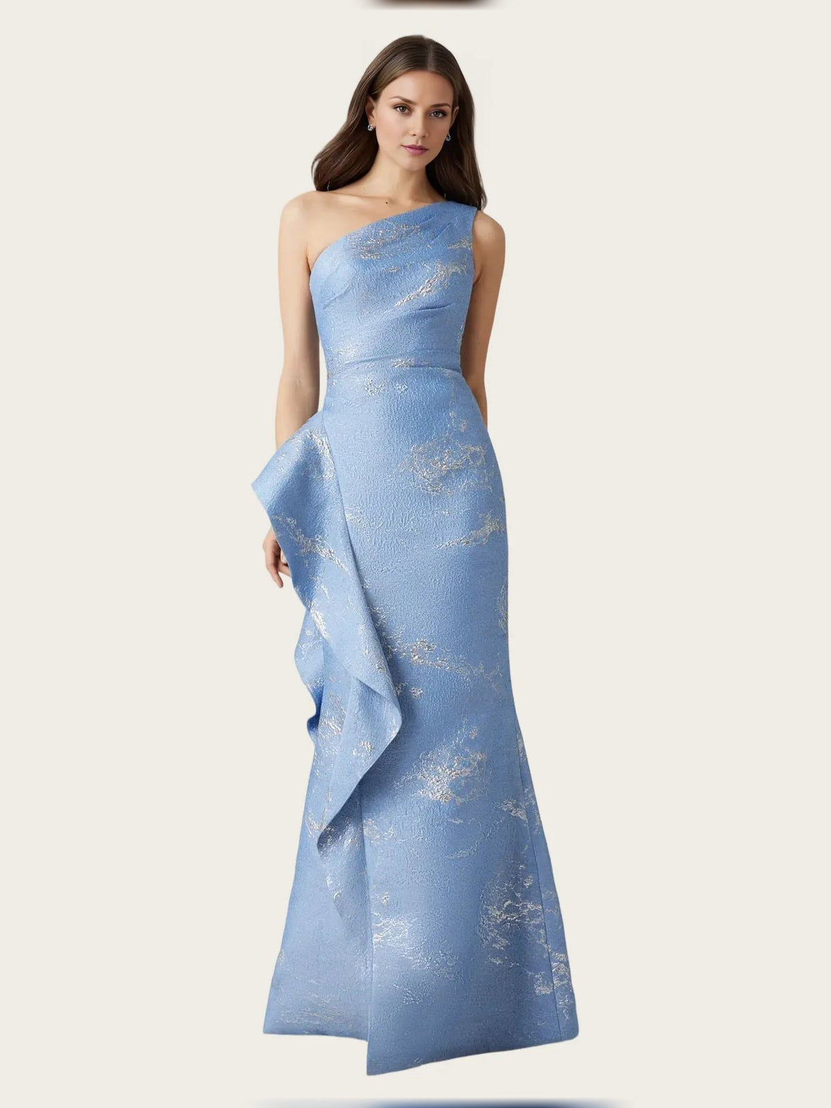 Light blue one-shoulder mermaid maxi satin dress with ruffled side slit and drape