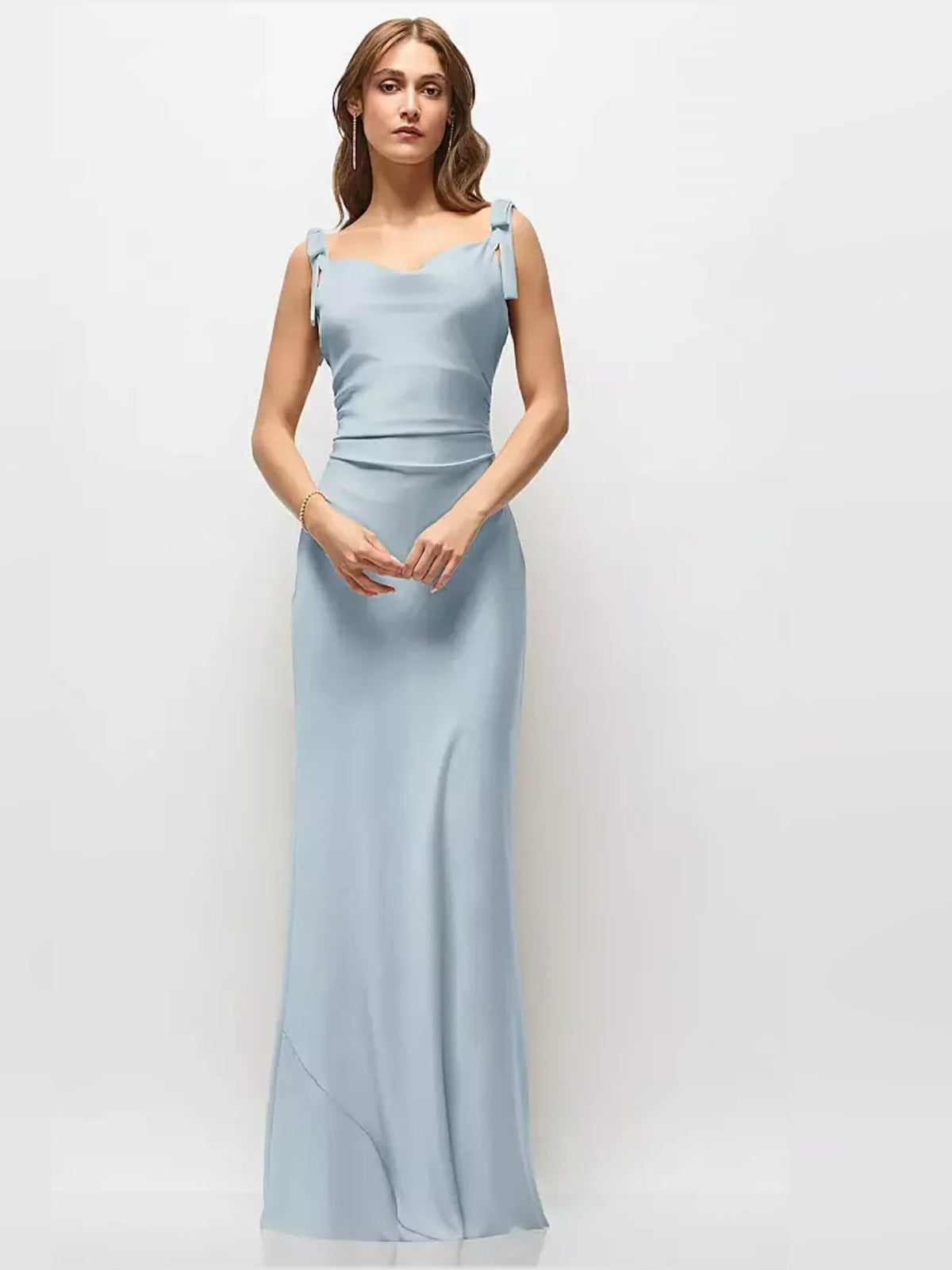 Mist blue satin maxi dress with bow-strap shoulders and ruched fitted bodice