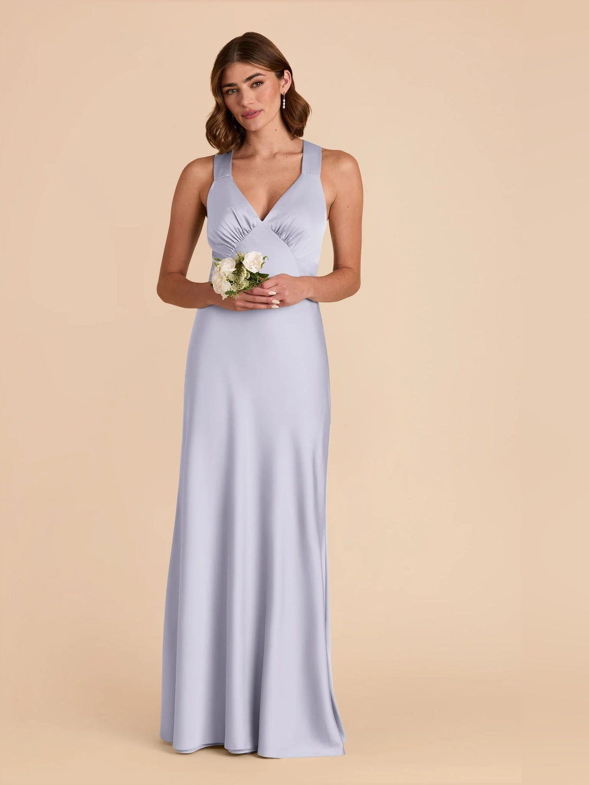 Ruched V-neck A-line maxi satin dress in mist blue, sleeveless ruched V-neck.