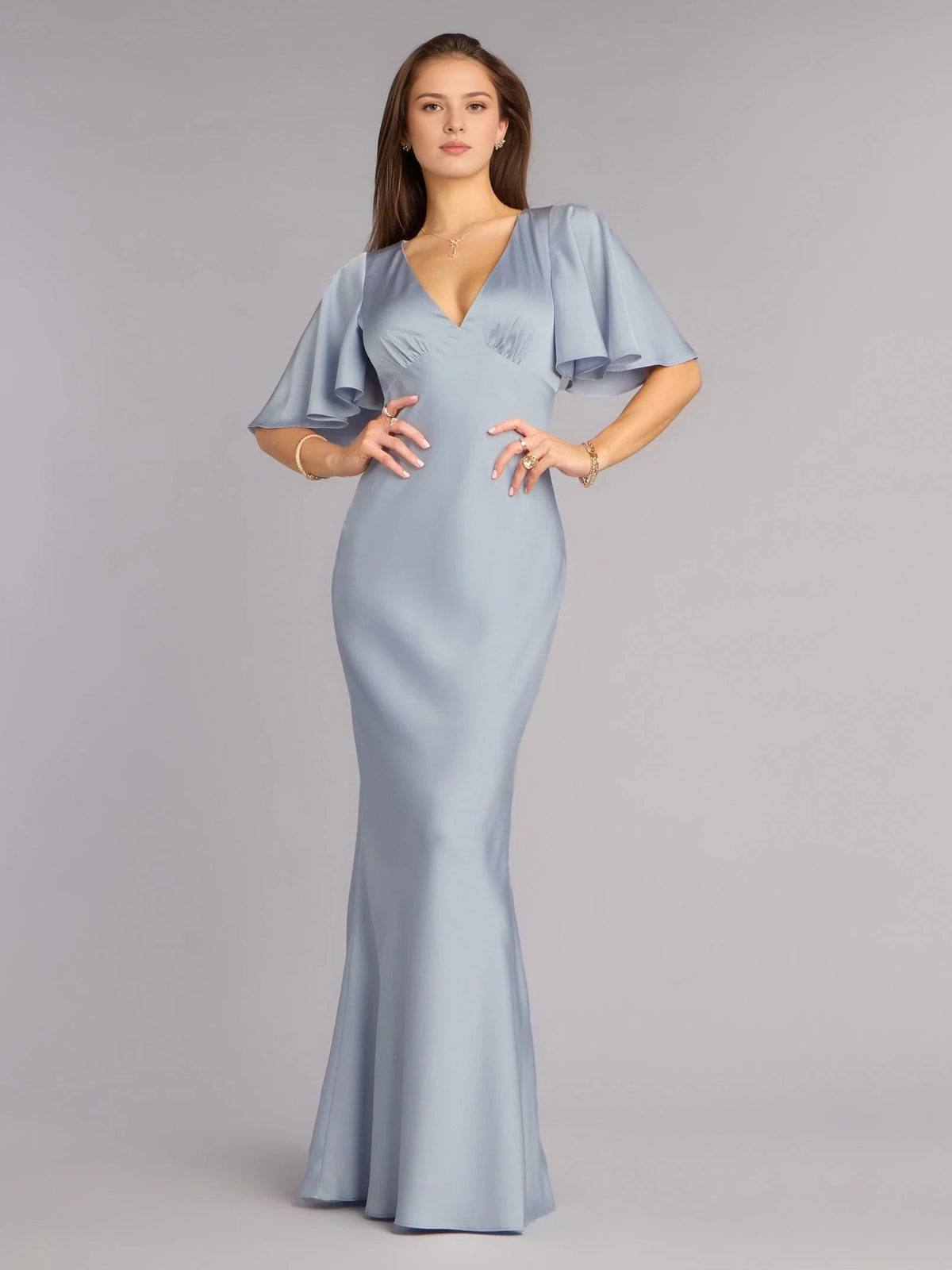 Mist blue satin V-neck mermaid floor-length gown with flutter sleeves