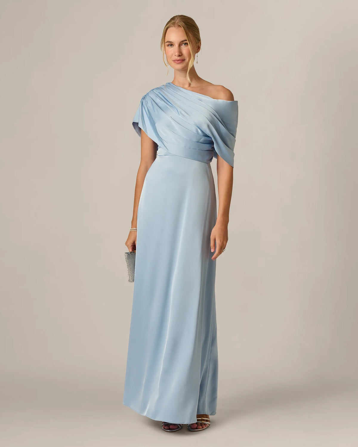 Powder blue draped one-shoulder A-line maxi dress with short sleeve and waist drape
