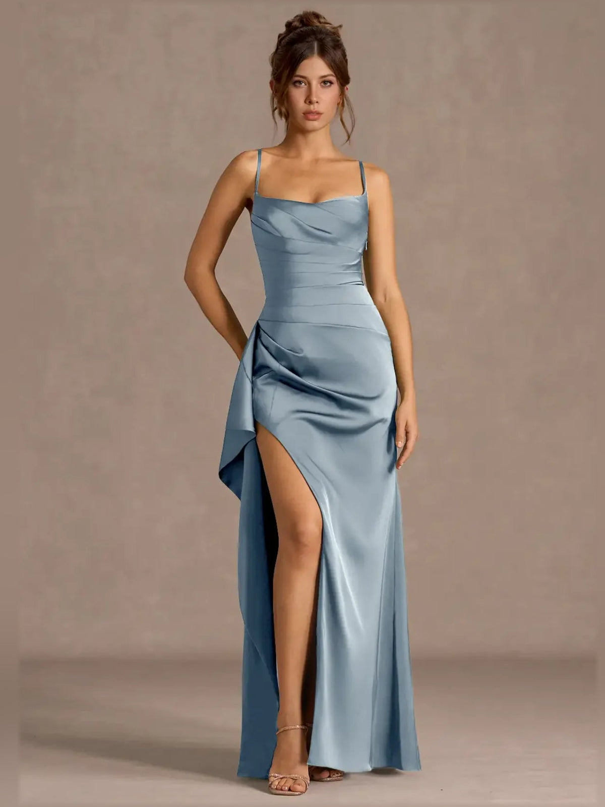 Powder blue sweetheart spaghetti-strap formal dress with draped bodice and side slit