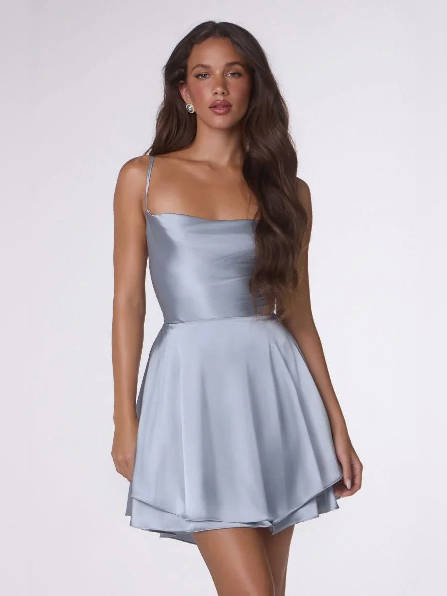 Light blue satin mini homecoming dress with draped cowl neck and tiered flared skirt