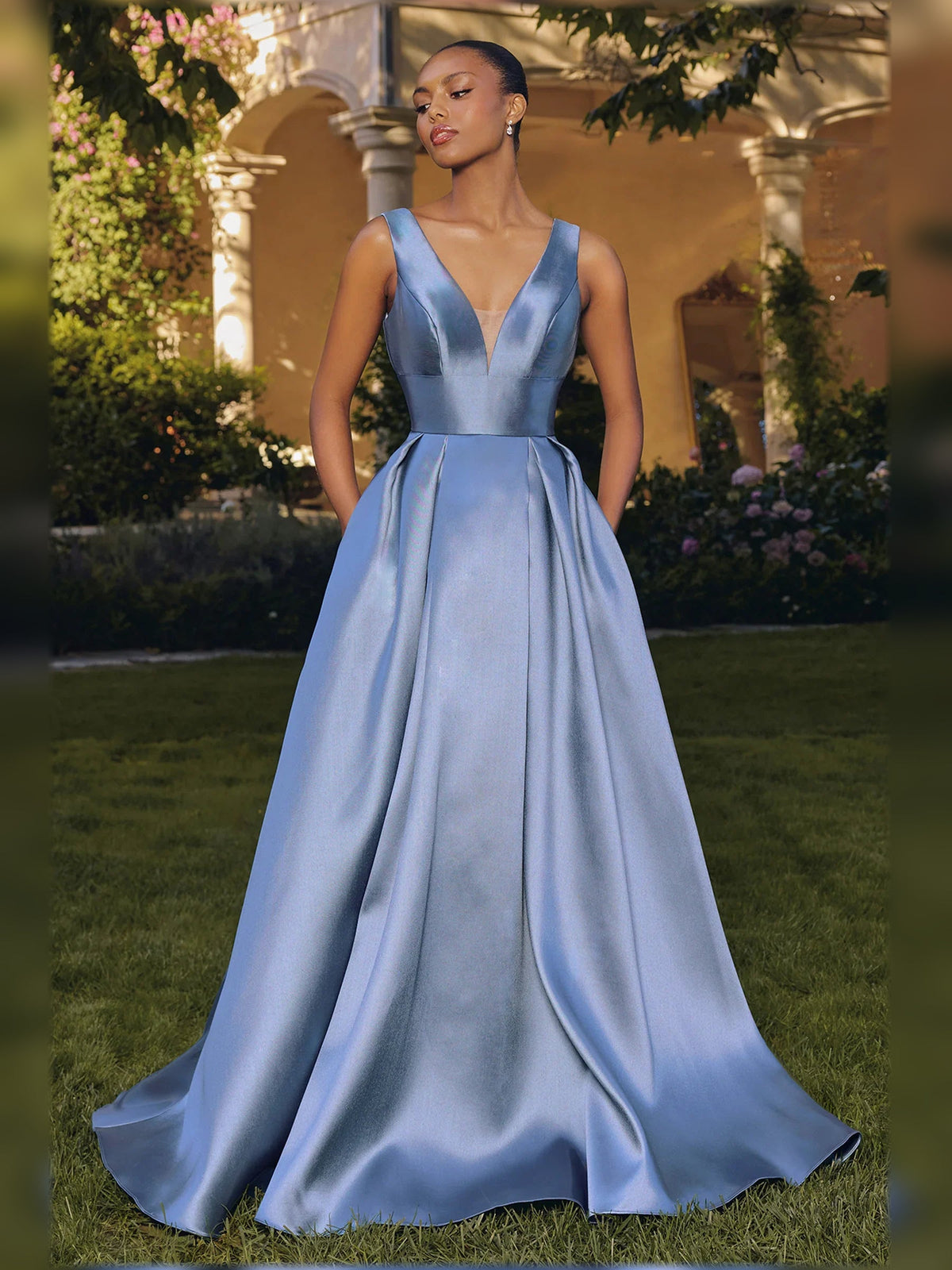 Steel blue V-neck satin A-line floor-length formal dress, pleated skirt