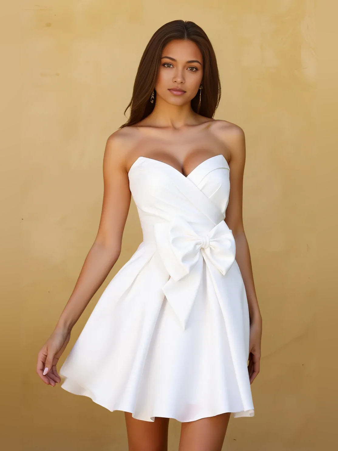 Front white satin sweetheart A-line mini dress with waist bow, strapless neckline