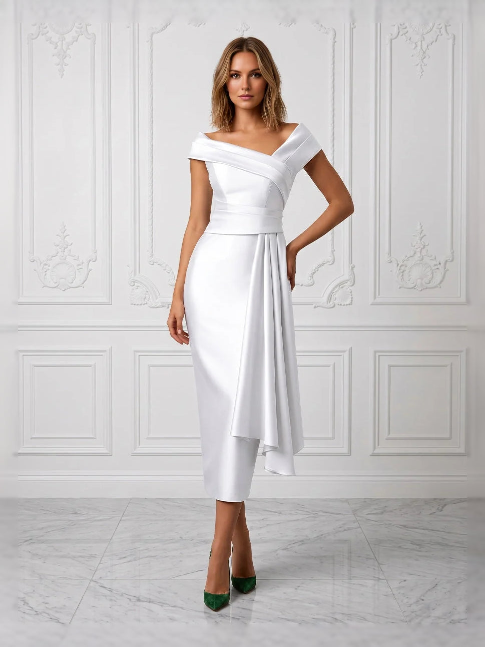 White satin off-shoulder sheath midi dress with sash-like drape at waist