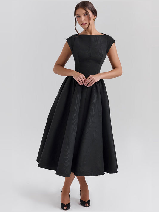 Black moire satin backless midi dress with sleeveless bodice and knee-length voluminous skirt.