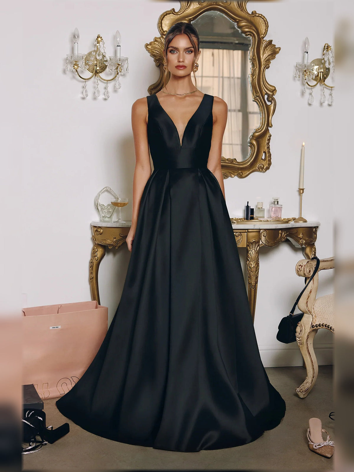 Black satin V-neck A-line floor-length formal dress with sleeveless bodice