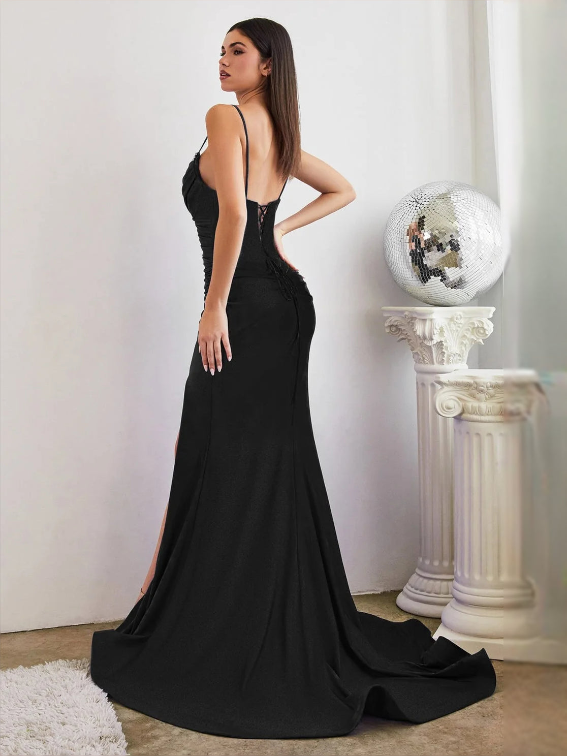 Black sweetheart mermaid prom dress with rhinestone spaghetti straps and side slit skirt