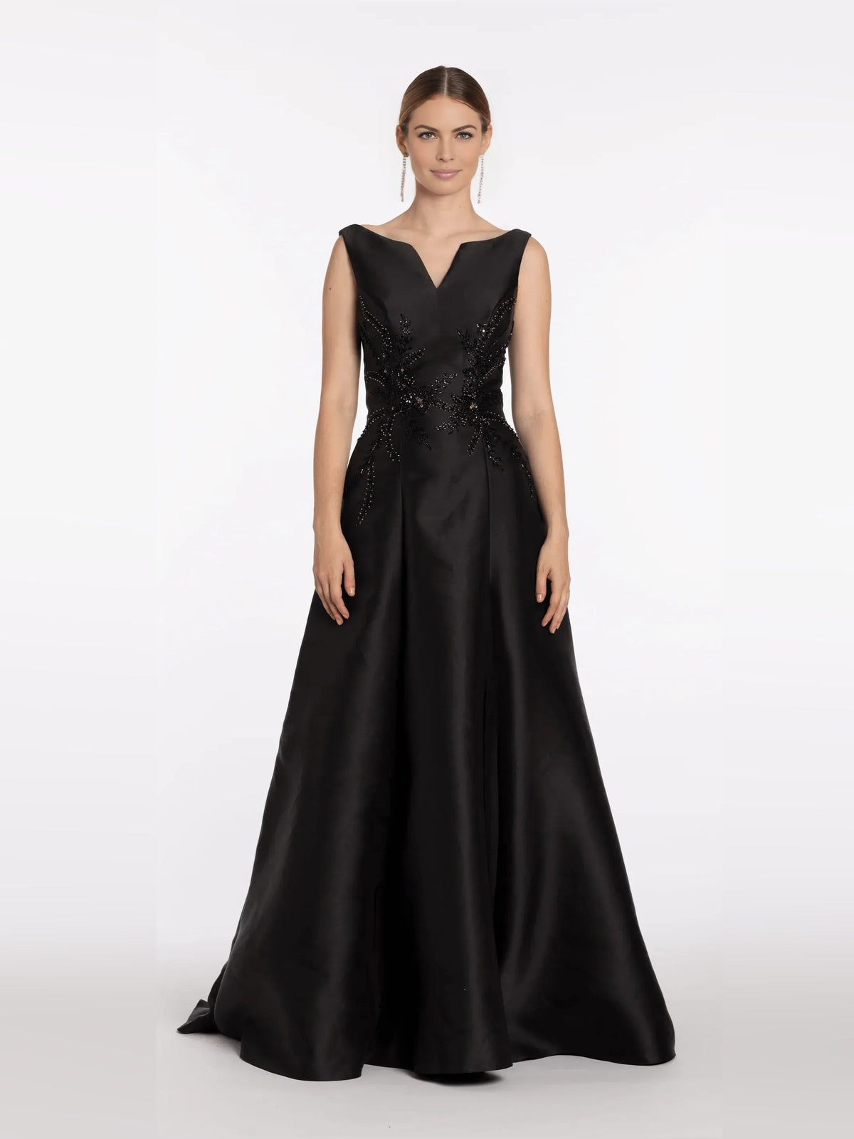 Black V-neck sleeveless formal dress with beaded bodice and floor-length skirt