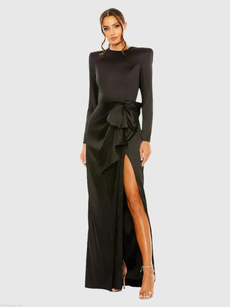 Floor-length formal dress in black, long sleeves, ruffled waist knot, high leg slit