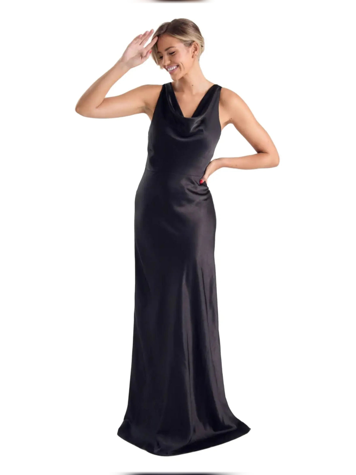 Black satin sheath dress with cowl neck, sleeveless, floor-length formal gown, pose