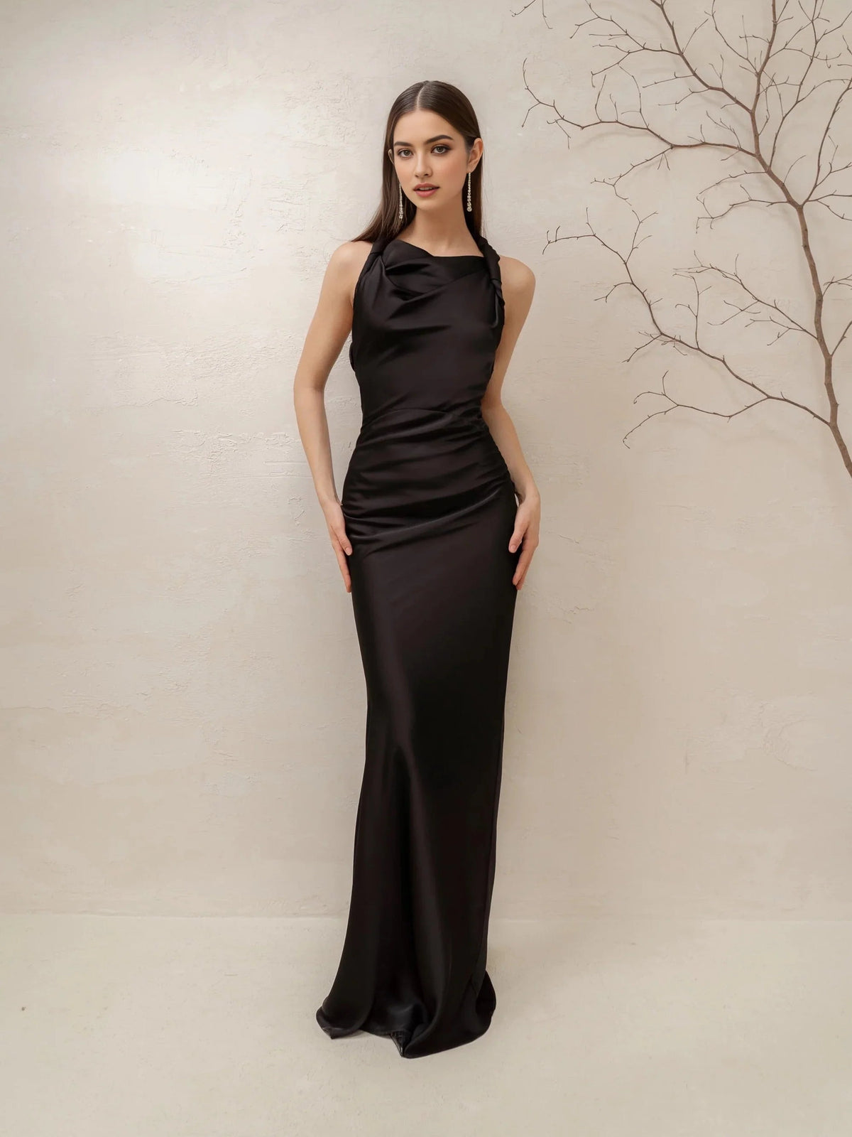Black satin prom dress, halter neckline, sleek fitted mermaid maxi silhouette