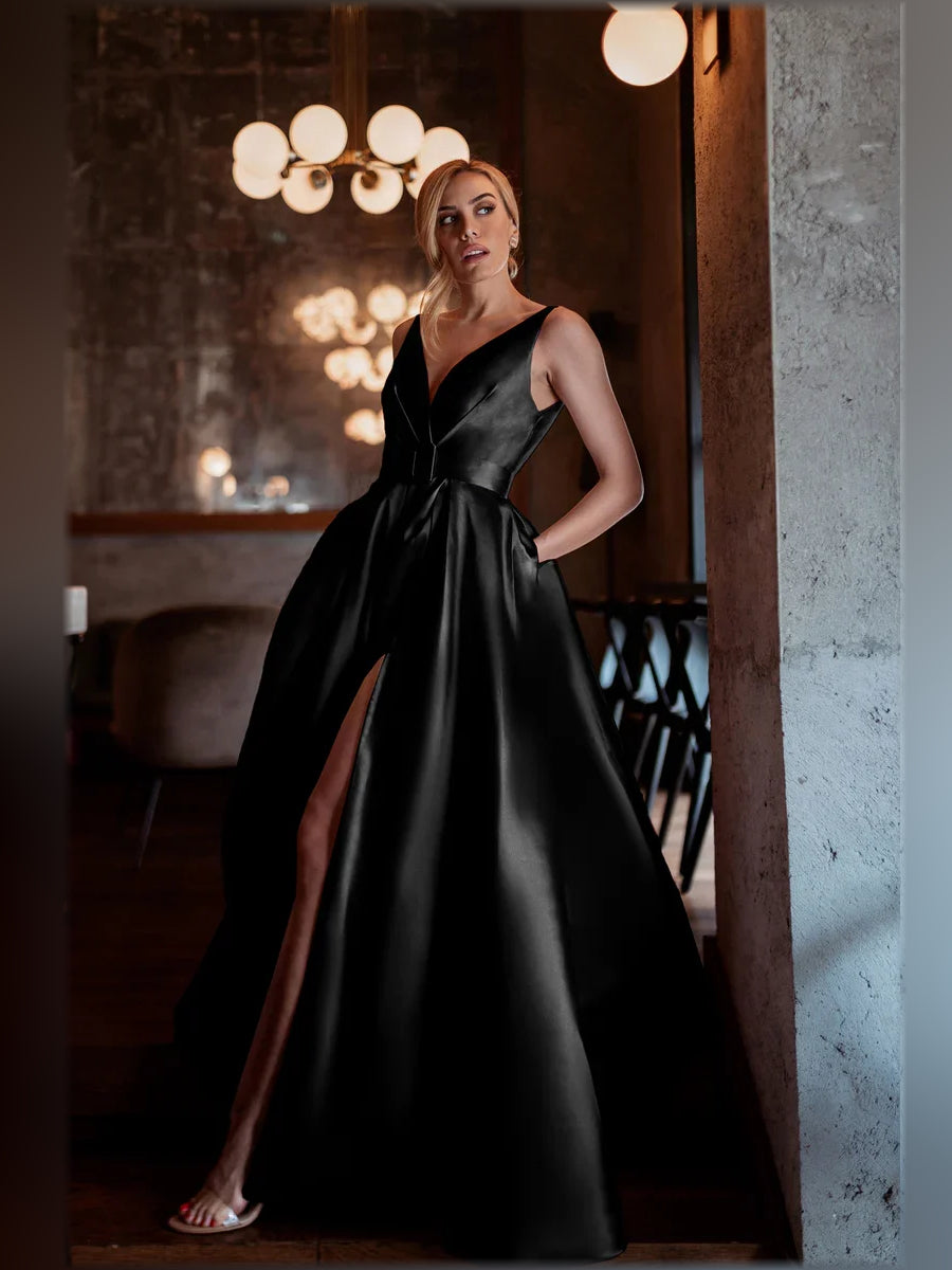 Black V-neck A-line formal dress with high slit, floor-length skirt