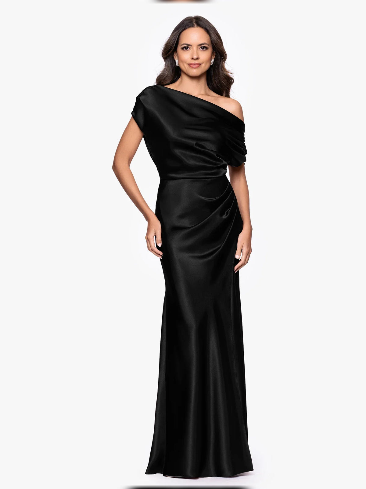 Black satin one-shoulder draped mermaid gown, floor-length
