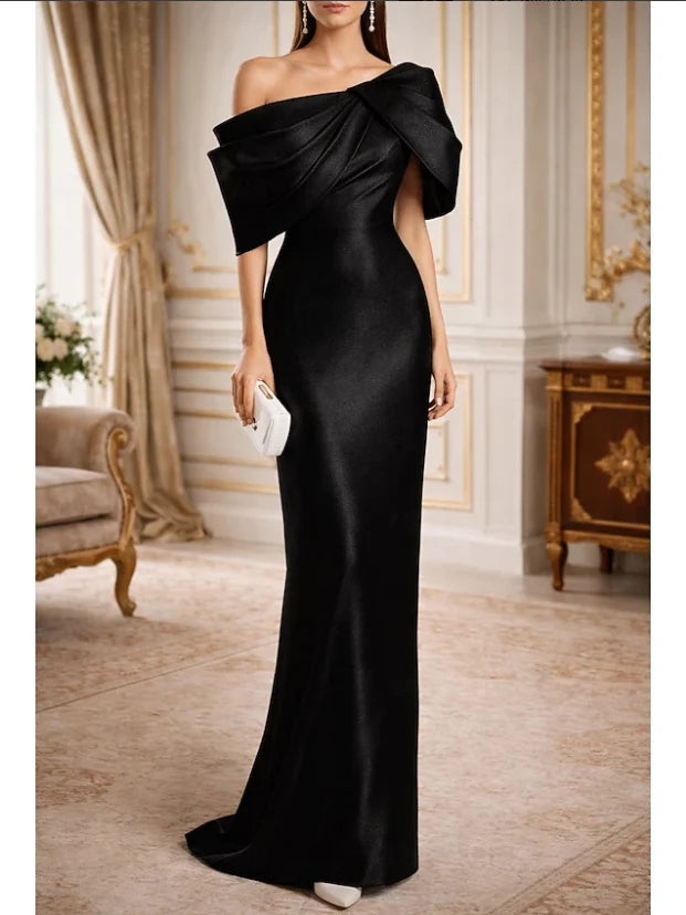 One-shoulder black evening dress with side ruching, floor-length column silhouette