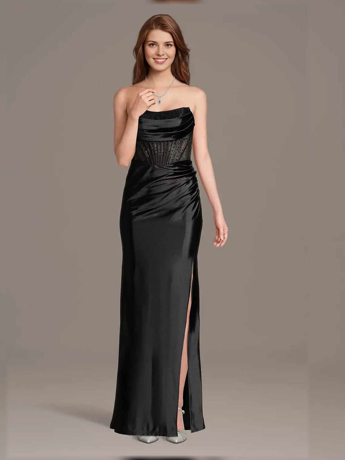 Black satin strapless mermaid formal dress with center front slit