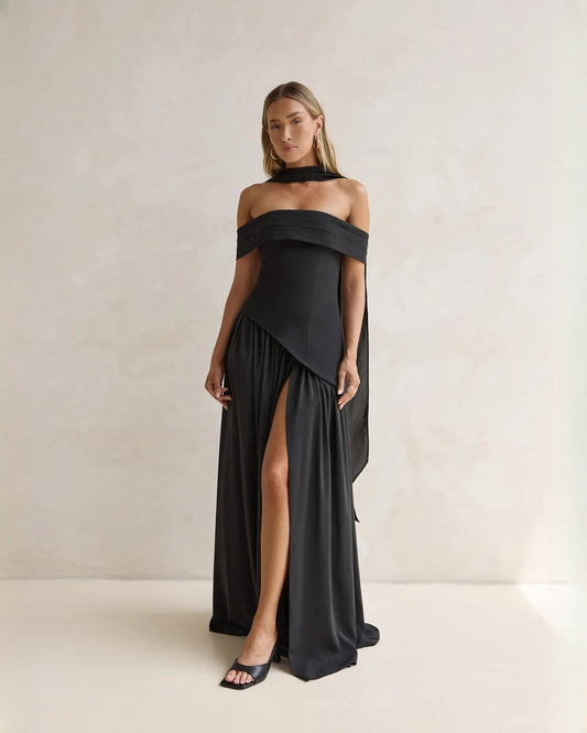 Black off-shoulder satin A-line maxi bridesmaid dress with draped bodice and thigh slit