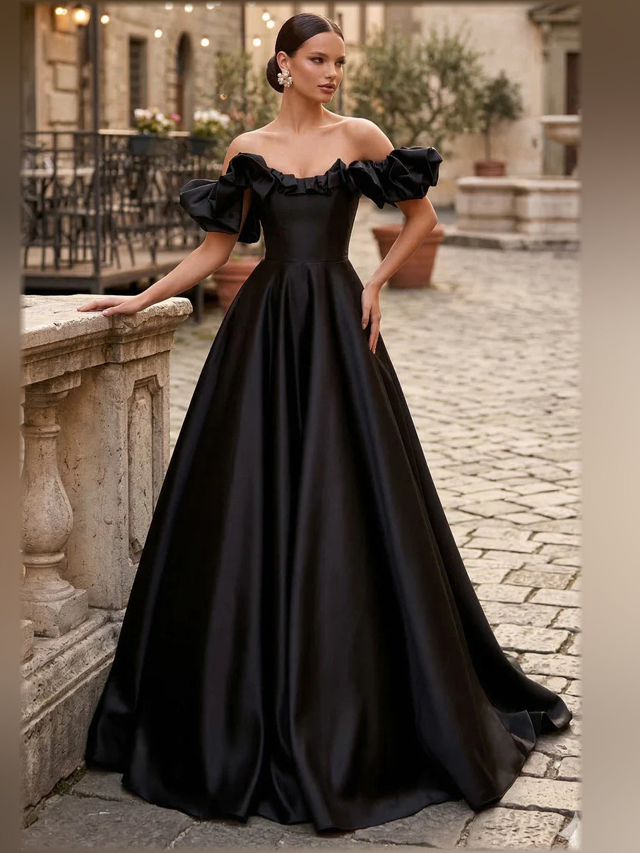 Black off-shoulder ruffle A-line formal dress with puff sleeves, floor length