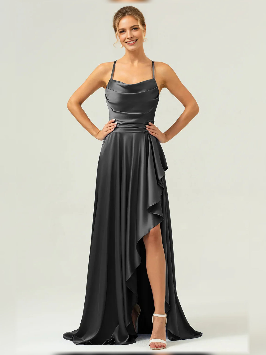 Black cowl-neck formal dress with thin straps, ruffled hem, and high slit