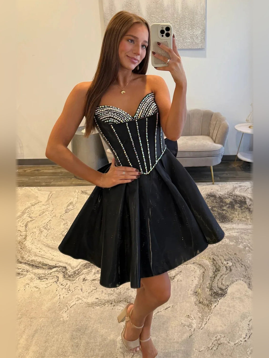 Black corset sweetheart A-line satin dress with crystal trim bodice and full skirt