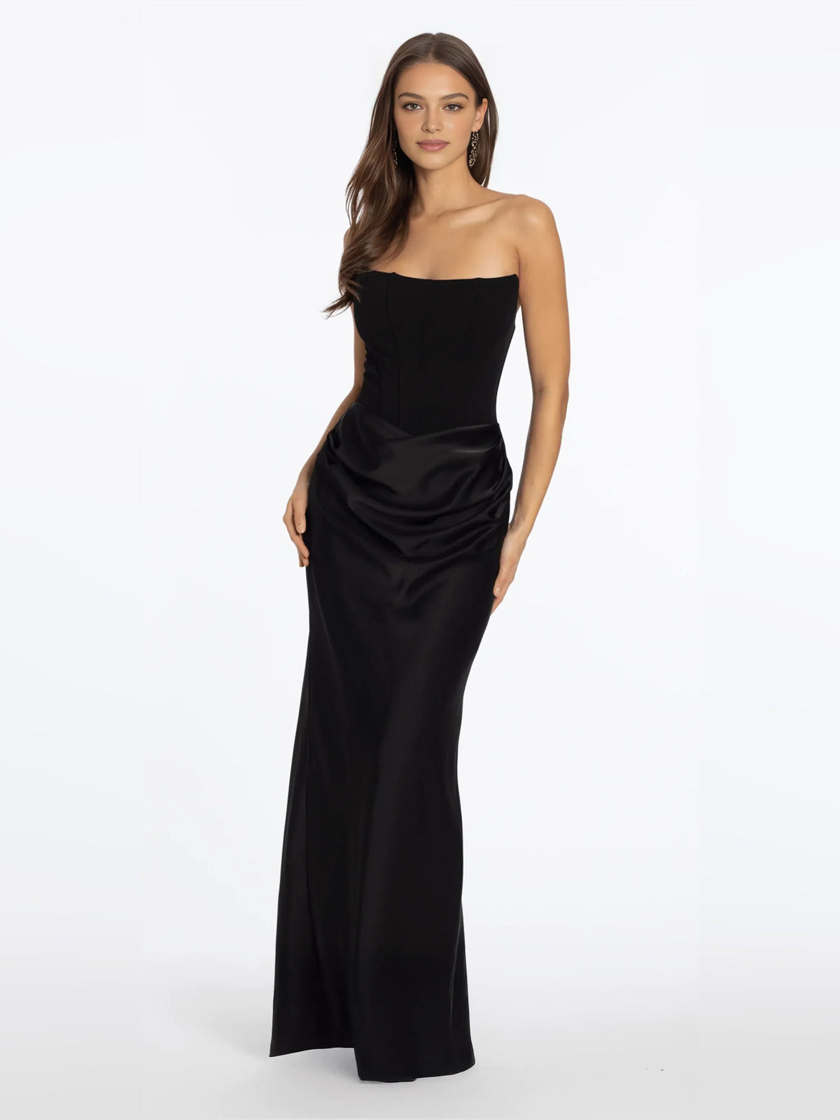 Black strapless satin corset column dress, floor-length with draped hip ruching