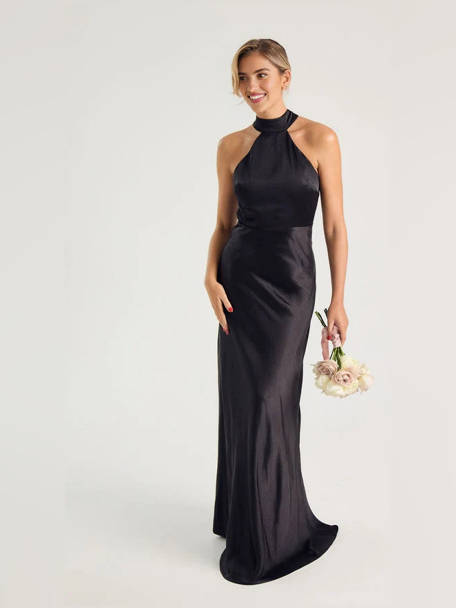 Black satin halter-neck column dress with high neckline and open back, floor-length